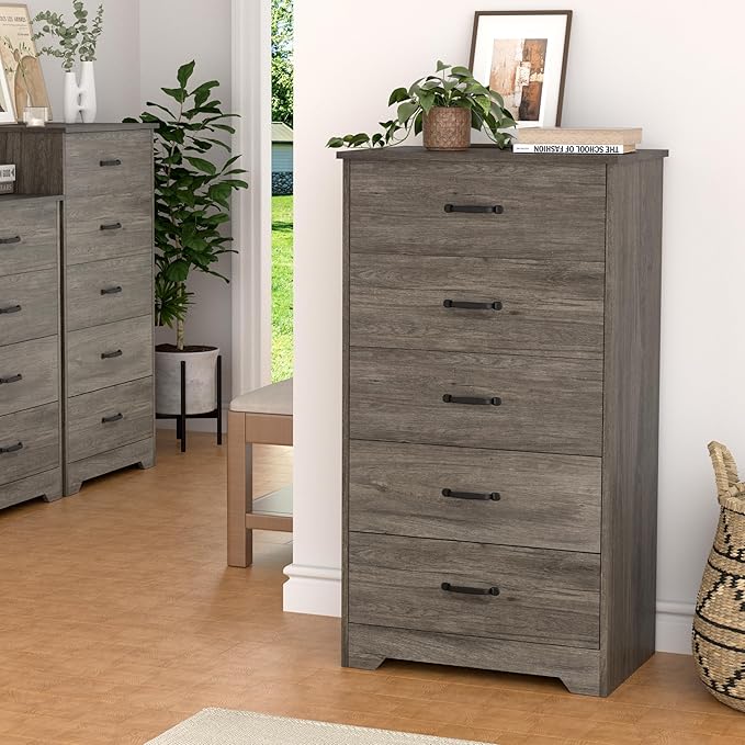 Farmhouse 5 Drawer Dresser, Small Wooden Chest of Drawers Classic White Dresser for Bedroom Living Room Entryway (Dark Gray, 5 Drawer)