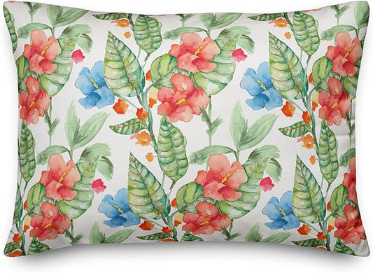 Tropical Floral Pattern Indoor/Outdoor Pillow | Decorative Pillows for Living Room Couch Bed Sofa Patio, Fluffy Soft Cushion | Water Resistant Green, 14x20
