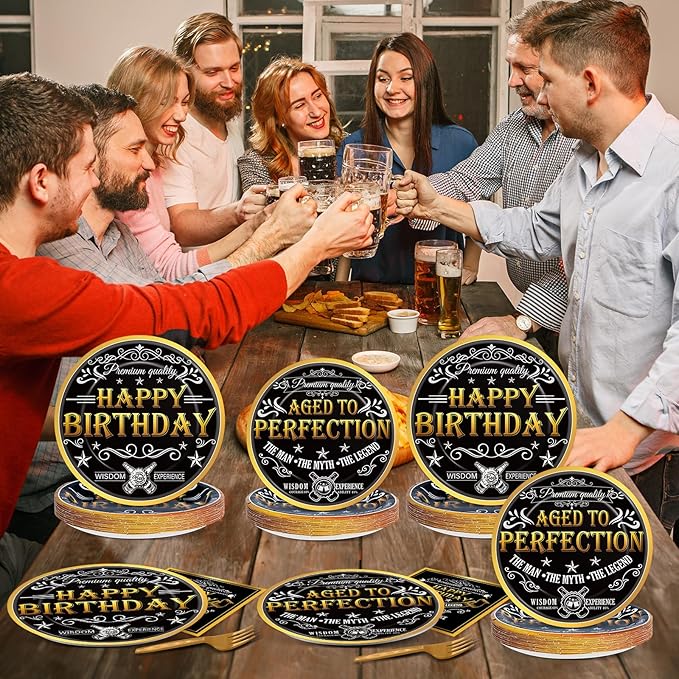96 Pcs Aged to Perfection Birthday Party Plates Napkins Tableware Set Vintage Theme Birthday Supplies Disposable Dinnerware Black Gold Happy Birthday Party Decoration Favors for Men, 24 Guests