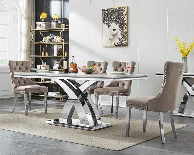 Goujxcy 7-Piece Dining Table Set Modern Faux Marble Dining Table Set for 6, Luxury 68" Long Faux Marble Kitchen Table with 6 Velvet Upholstered Chairs & Mirrored Stainless Steel Base