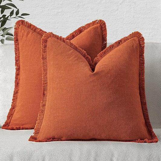 MIULEE Fall Decorative Throw Pillow Covers Neutral Linen Fringe Throw Pillows Set of 2 Burnt Orange Boho Farmhouse Cushion Covers with Tassels for Couch Sofa Bed Living Room Home Decor 18x18 Inch