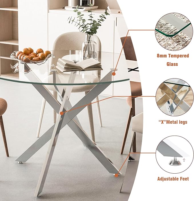 Goujxcy 5 Piece Round Glass Dining Table Set for 4, 47" Round Dining Table & Chair Set Modern Circle Glass Kitchen Table and 4 Velvet Upholstered Chairs for Kitchen Dining (Silver Table & Grey Chair)