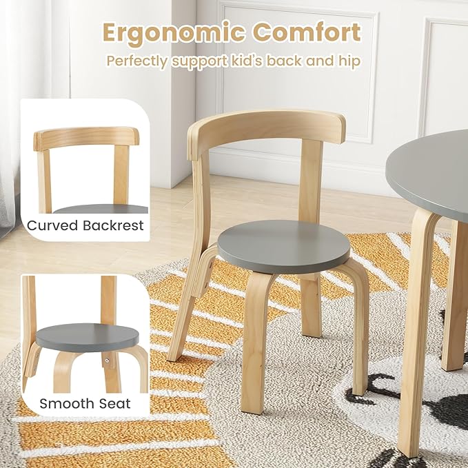 HONEY JOY Kids Table and Chair Set, Bentwood Toddler Round Table and 4 Chairs for Craft Art, Building Block, 5-Piece Children Furniture Set for Daycare, Kindergarten, Playroom (Gray)
