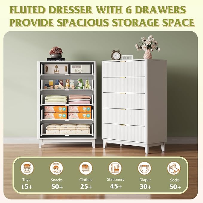WLIVE Fluted Dresser for Bedroom with 5 Drawers, 46.26" Tall Wood Dresser with Golden Metal Handles, Mid Century Modern Chest of Drawers for Living Room, Hallway, Closet, Solid White