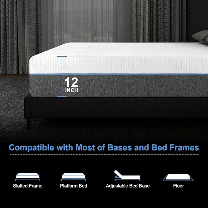 Vipbear 12 Inch Memory Foam Mattress Queen Hybrid Medium Firm Mattresses in a Box Cooling Gel Bed Therapeutic Firm Support Comfort for Back Pain, Pressure Relief, CertiPUR-US Certified, Made in USA