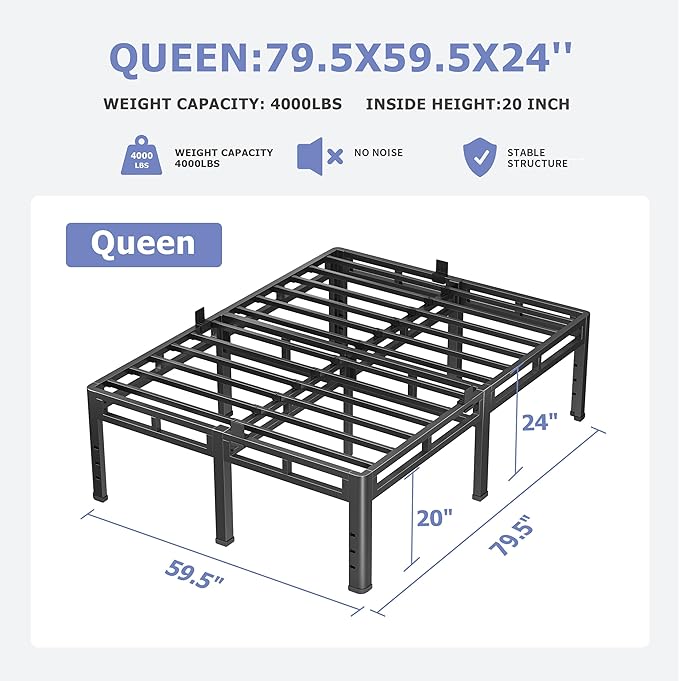 NKZ 24 Inch Queen Size Bed Frame, Metal Bed Frame & Box Spring 2 in 1 Platform with Round Corner Legs, 4000Lbs Heavy Duty Metal Frame, Mattress Slide Stopper, Headboard Hole, Noise-Free, Easy Assembly