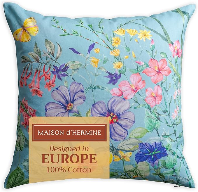 Maison d' Hermine Decorative Pillow Covers 20x20 Inch Square 100% Cotton Throw Pillow Covers with Invisible Zipper Cushion Case for Living Room Couch, Chair, Sofas, Bedroom, Home (Hesperides - Fleur)