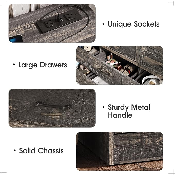 Fameill Dresser for Bedroom, 9 Drawer Wide Dresser Organizer with Charging Station, TV Stand for Livingroom, Chest of Drawers with Metal Handles, Dark Brown