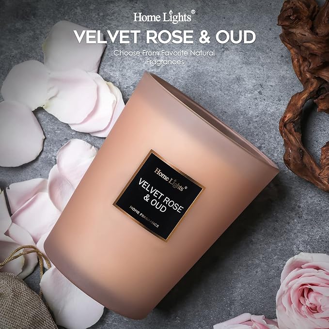 HomeLights Scented Candles | Large Jar Candle-33.3 Oz. Natural Soy Aromatherapy Candles | Up to 130 Hours Burn Time with 3 Cotton Wicks, Home Decorative Fragrance Candles Gift - Velvet Rose Oud