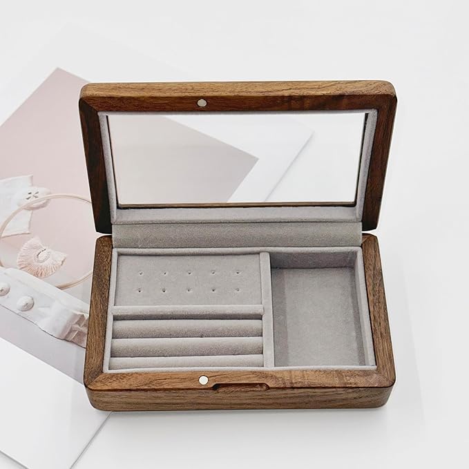 Walnut Jewelry Storage Box with Glass Lid, Multi-Functional Wooden Jewelry Organizer, Soft Velvet Interior, Natural Wood Craft Display Box for Rings, Earrings, Necklaces, Valentine’s Day Gift