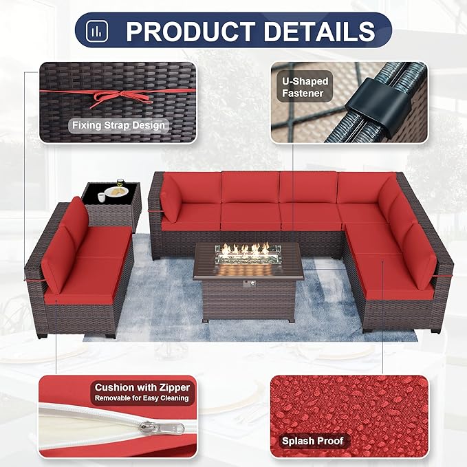 Kurapika 10 Pieces Patio Furniture Set, Rattan Wicker Outdoor Conversation Sets w/43in Propane Fire Pit Table and 4 Inch Cushion(Red)
