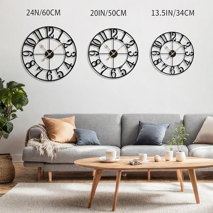 LEIKE Large Wall Clocks,Silent,Non Ticking,Battery Operated Small Vintage Round Modern Metal Wall Clock for Living Room, Bedroom,Kitchen,Farmhouse,Office Decor-13.5 Inch(Black-Arabic Number)