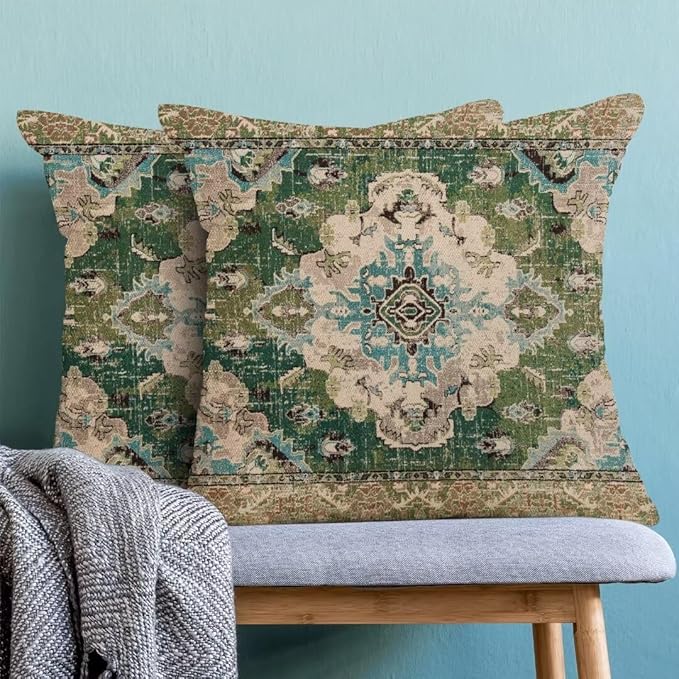 BETGINY Sage Green Boho Pillow Covers 18 x 18 Inch Pack of 2, Bohemian Carpet Pattern Decorative Throw Pillow Covers Outdoor Linen Farmhouse Pillowcase for Bedroom Home Sofa Decor