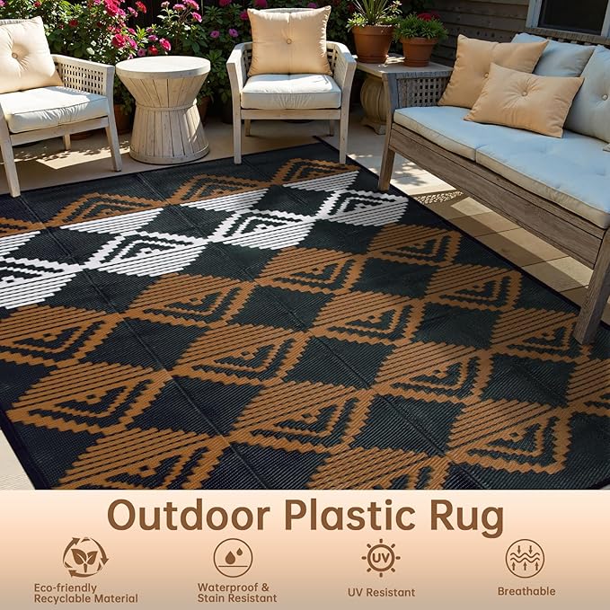 Beeiva Waterproof Outdoor Rug 9x12, Reversible Plastic Straw Outdoor Camping Rugs, Modern Geometric Foldable Patio Mat for Porch, Deck, Backyard, Balcony, Picnic - Black & Brown