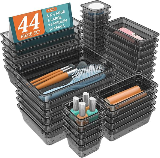 WOWBOX 44 PCS Clear Plastic Drawer Organizer Set, 4 Varied Size storage Bins and Desk Drawer Organizer Trays for Makeup, Gadgets, Jewelry and Utensils in Bathroom, Bedroom and Office, Clear Black