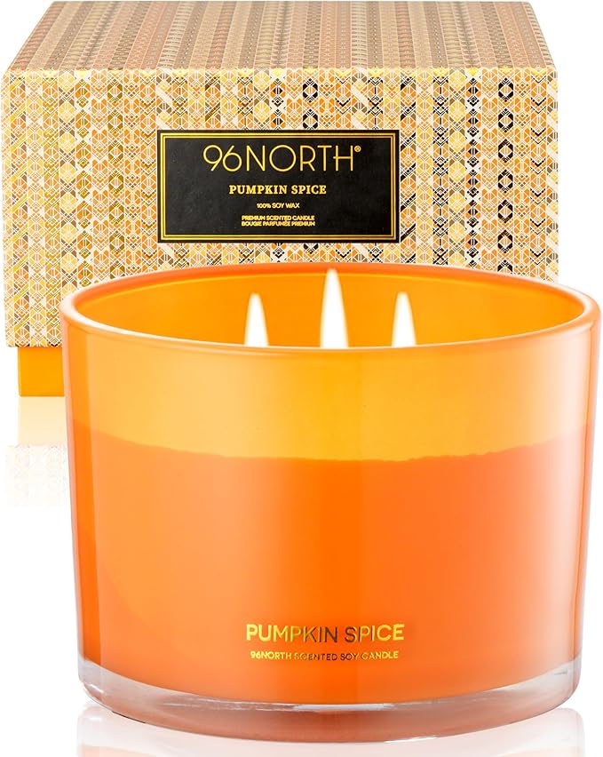 96NORTH Pumpkin Fall Candles | Large 3 Wick Jar Candle | Halloween & Fall Decor | Up to 40 Hours Burning | 100% Natural Soy Wax | Relaxing Aromatherapy Candle | Halloween Candle Gift