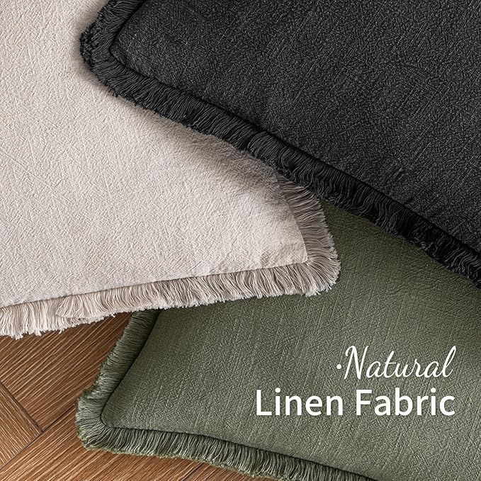 MIULEE Decorative Lumbar Throw Pillow Covers Neutral Linen Fringe Throw Pillows Set of 2 Black Boho Farmhouse Cushion Covers with Tassels for Couch Sofa Bed Living Room Spring Home Decor 12x20 Inch