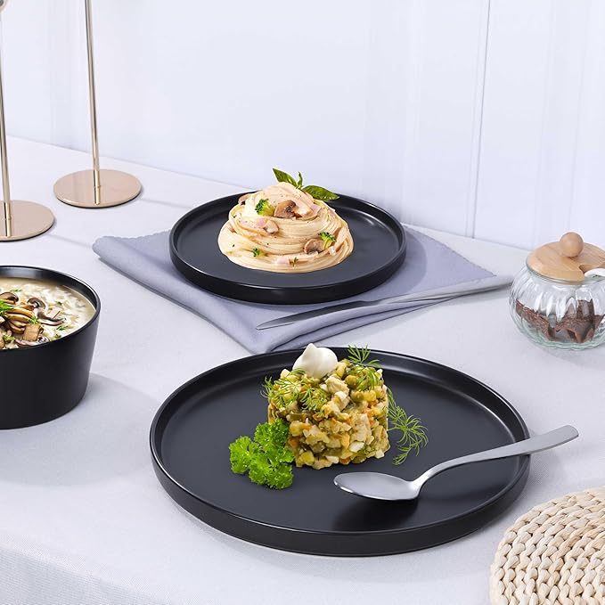 Herogo 24 Pieces Stoneware Dinnerware Set, Service for 8, Dinner Plates and Bowls Sets, Double Reactive Glaze Dishes Set for Kitchen, Scratch Resistant, Dishwasher Safe, Matte Black