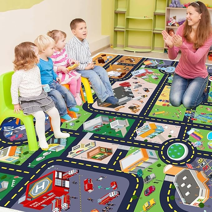 Kids Rug Playroom Car Rug Play Mat City Life Road Rug for Cars Fun City Map for Track Toys,Carpet for Bedroom Boys (city01, 5.2×7.9ft/63×94in)