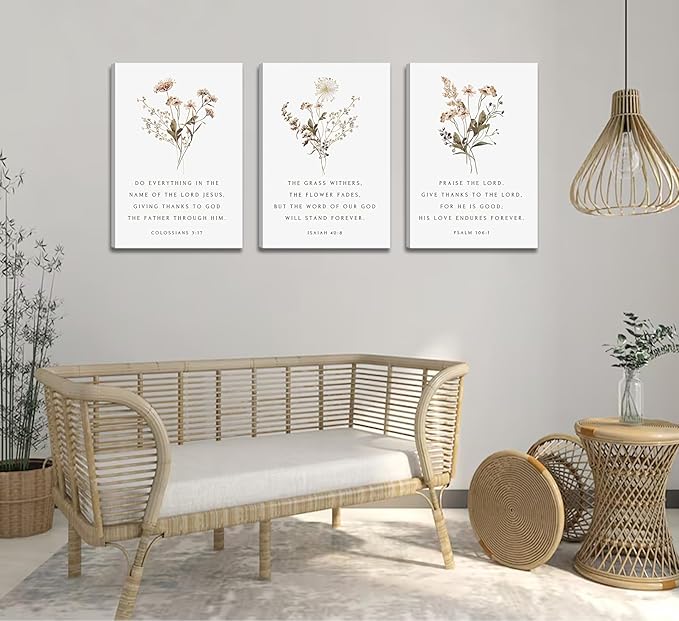Wildflower Bible Floral Canvas Wall Art Christian Verses Floral Paintings Pictures Wall Decor Botanical Scripture Room Posters Prints for Bedroom Living Room Office Christian Scene Home Decorate