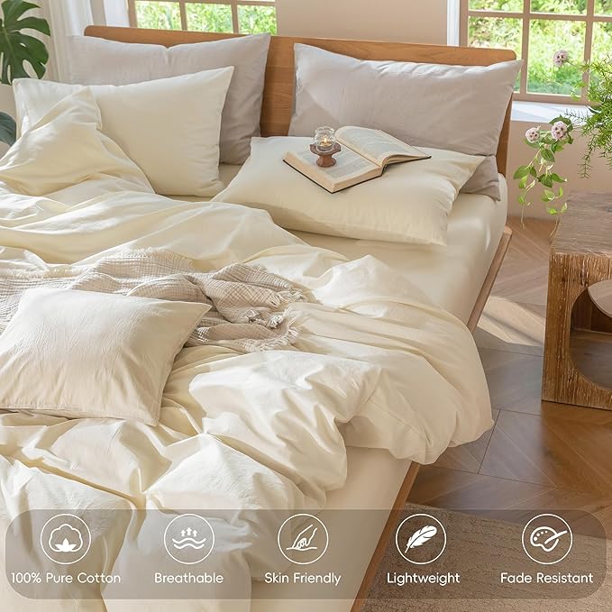 MooMee Bedding Duvet Cover Set 100% Washed Cotton Linen Like Textured Breathable Durable Soft Comfy (Solid Cream White, Twin 68"x90")