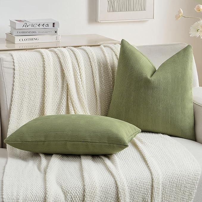 FUTEI Moss Green Chenille Decorative Throw Pillow Covers 16x16 Inch Set of 2,Soft Cozy Striped Geometric Patterns Cushion Case,Modern Home Decor for Couch Bed Living Room