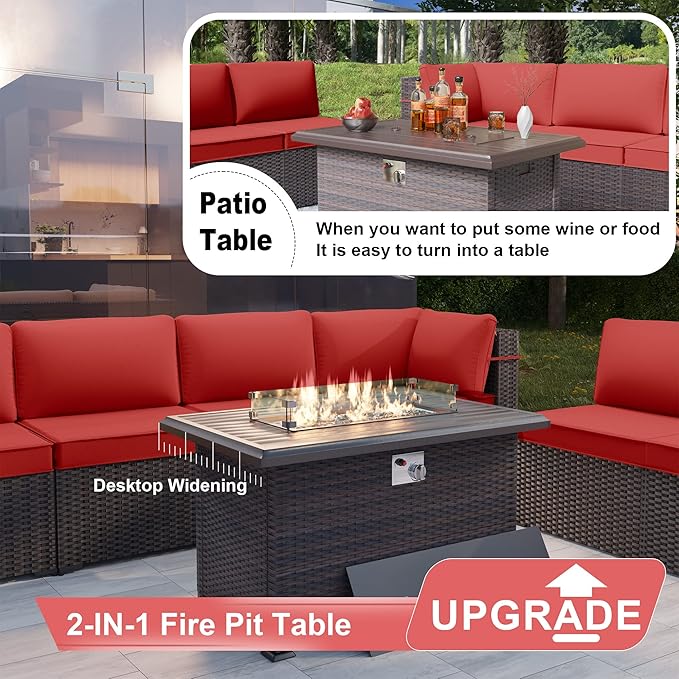 Kurapika 7 Pieces Patio Furniture Set, Rattan Outdoor Conversation Sets w/43in Propane Fire Pit Table and 4 Inch Cushion(Red)