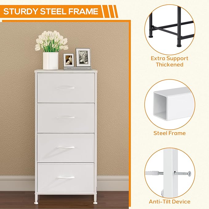 DUMOS Dresser for Bedroom, 4 Storage Drawers, Tall Fabric Closet Chests Organizer Tower Furniture with Wooden Top Metal Frame for Clothes, Nursery Room, Living Room, Hallway, Entryway