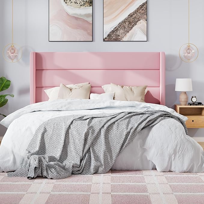 SHA CERLIN Full Size Velvet Bed Frame/Vertical Channel Tufted Wingback Headboard/Upholstered Platform Bed with Wooden Slats/Mattress Foundation/No Box Spring Needed/Easy Assembly/Pink