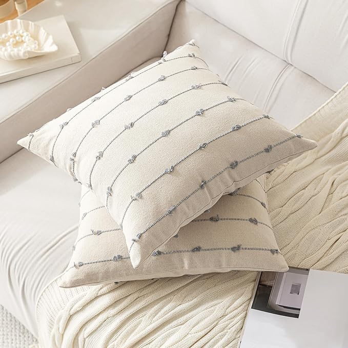 Boho Throw Pillow Covers 26x26 Set of 2 Modern Farmhouse Decorative Cushion Case Tufted Square Pillows Cover Neutral Pillow Cases Accent Pillowcase for Sofa,Couch,Bed,Beige and Grey