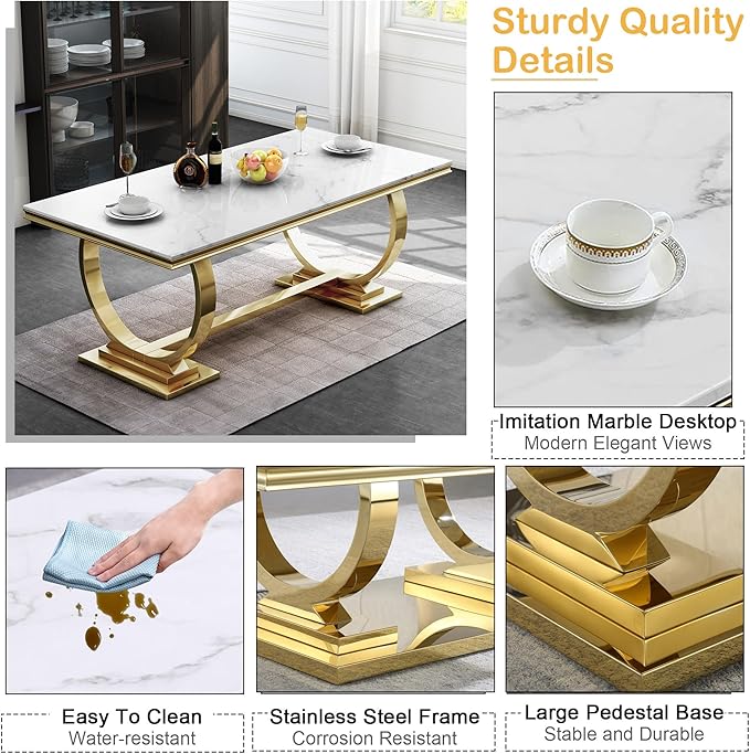 Goujxcy 7 Piece Marble Dining Table Set for 6, Luxury White Marble Gold Kitchen Table with 6 Green Velvet Upholstered Chairs, Modern 6 Person Dining Room Table Set for Kicken Dining Office Room