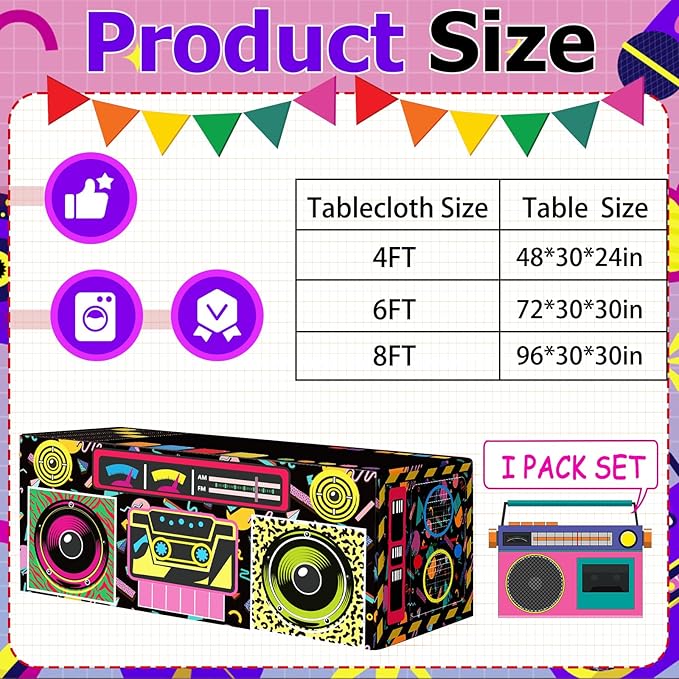 8FT 80s 90s Theme Party Tablecloth, 80s 90s Decorations for Back to 80s 90s Hip Hop Birthday Party