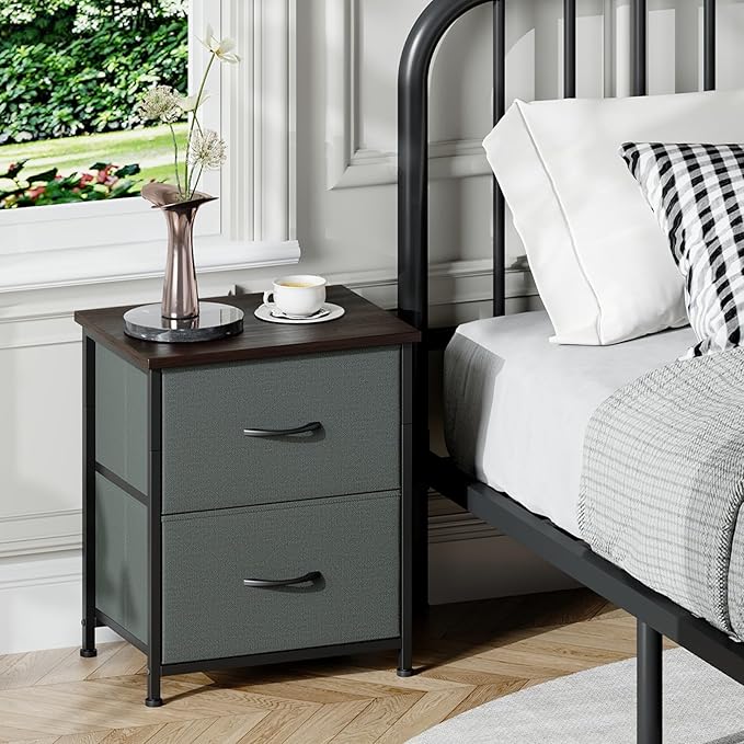Somdot Nightstand with 2 Drawers, Bedside Table Small Dresser with Removable Fabric Bins for Bedroom Nursery Closet Living Room - Sturdy Steel Frame, Wood Top, Pull Handle - Charcoal Grey