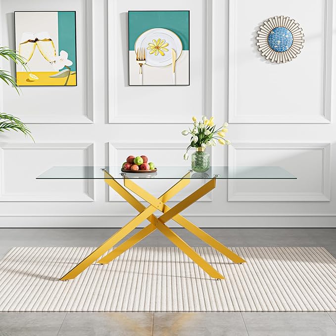 Goujxcy 7 Piece Glass Dining Table Set Modern Glass Dining Table Set for 6, 61" Rectangular Gold Kitchen Table and 6 Velvet Upholstered Chairs, Gold Table & Black Chair