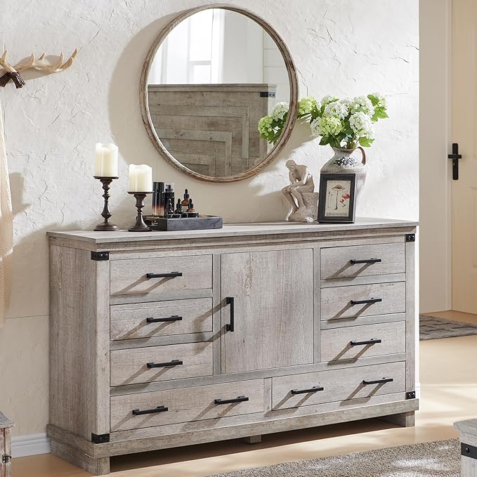 Farmhouse 8 Drawer Dresser for Bedroom with Adjustable Shelf, Wood Long Chest of Drawers with Thick Plank Styling, Rustic Large Closet Dresser for Bedroom, Living Room, Light Rustic Oak Color