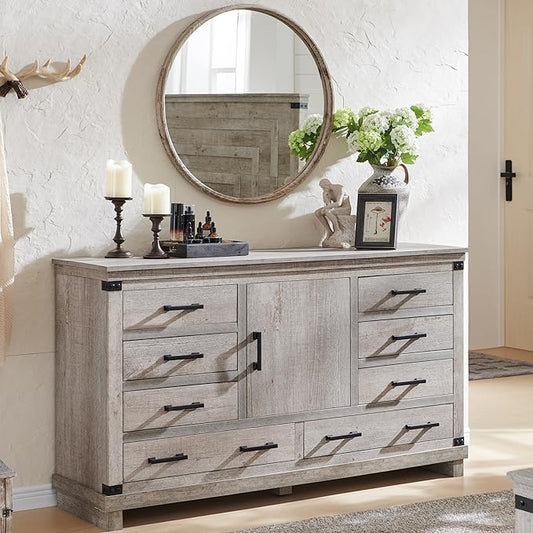 Farmhouse 8 Drawer Dresser for Bedroom with Adjustable Shelf, Wood Long Chest of Drawers with Thick Plank Styling, Rustic Large Closet Dresser for Bedroom, Living Room, Light Rustic Oak Color