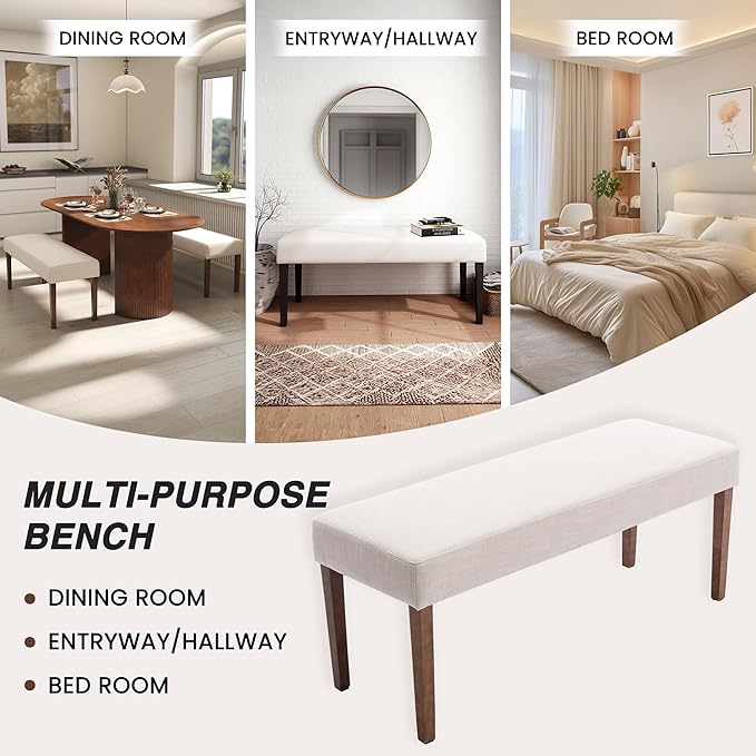 Farmhouse Upholstered Dining Bench Seat, 45" Linen Entryway Bench with Natural Wood Legs, Mid Century Modern End of Bed Bench for Kitchen Bedroom Living Room Hallway, for 2-3 Person, Beige