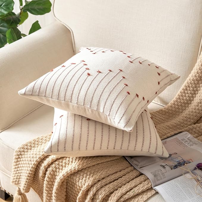 Caflife Boho Throw Pillow Covers 18x18 Set of 2 Decorative Pillows for Bed, Neutral Pillow Covers Beige with Rust Line Throw Pillows for Modern Farmhouse Couch Sofa Living Room Outdoor