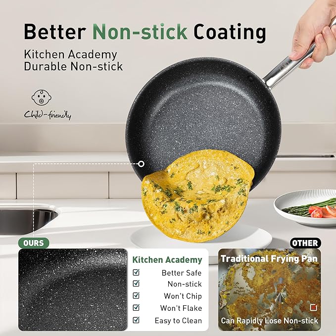 Kitchen Academy Ceramic Nonstick Frying Pans Set/Fry Pan/Skillet Sets, Healthy Induction Cookware Set Suitable for All Stove, Oven Safe up to 550℉