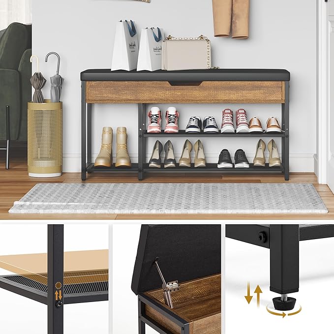 Shoe Rack Bench with Upholstered Cushion, Shoe Storage Bench with Adjustable Shelf and Hidden Storage Compartment for Hallway Entryway Living Room Rustic Brown (2-Tier)