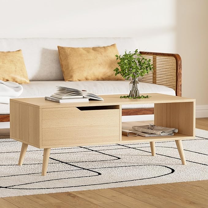 Oak Coffee Table, Mid Century Modern Coffee Table with Drawer & Shelf, 39'' Wooden Simple Console Table for Living Room