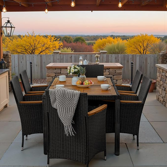 Greesum 7 Pieces Outdoor Patio Dining Set, Conversation Sets with 1 Table and 6 Rattan Chairs with Curved Acacia Wooden Armrests and Cushions, Black