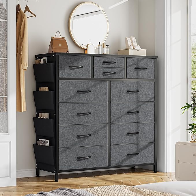 EnHomee Dresser for Bedroom with 12 Drawers, Tall Dressers & Chest of Drawers with Side Pockets, Fabric Dresser for Bedroom, Closet, Hallway, Living Room, Sturdy Metal Frame, Wood Top, Grey