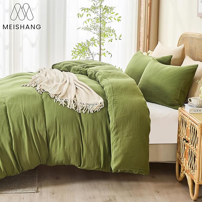 MEISHANG Muslin Duvet Cover Queen Size - 100% Organic Cotton, Soft Textured Gauze Weave Comforter Cover for Breathable All-Season with Zipper Closure - 3 Piece Set (Queen, Forest Green)