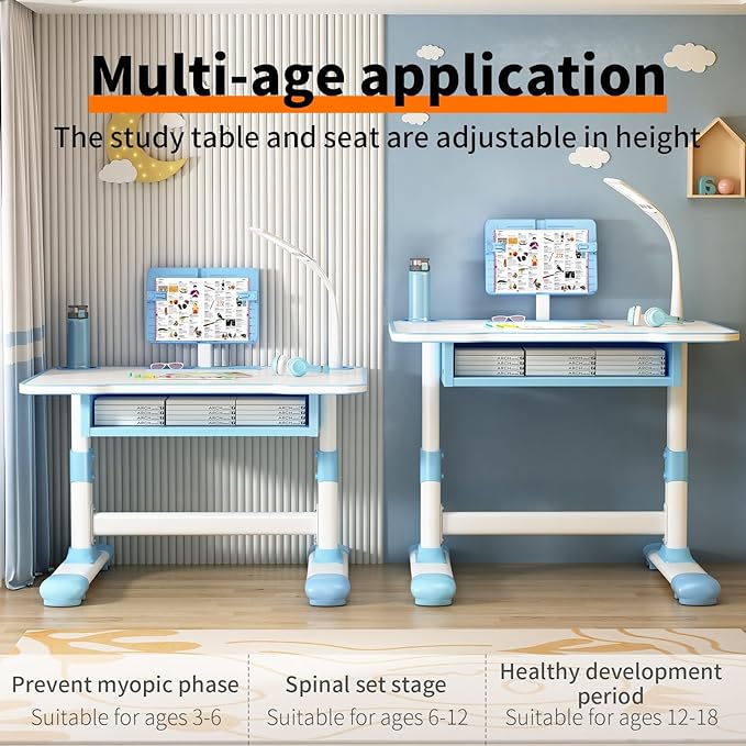 Study Desk Chair Set for Kids, Blue, Modern, Height Adjustable, Tiltable Reading Stand, Extra Large Drawer, LED Table Light