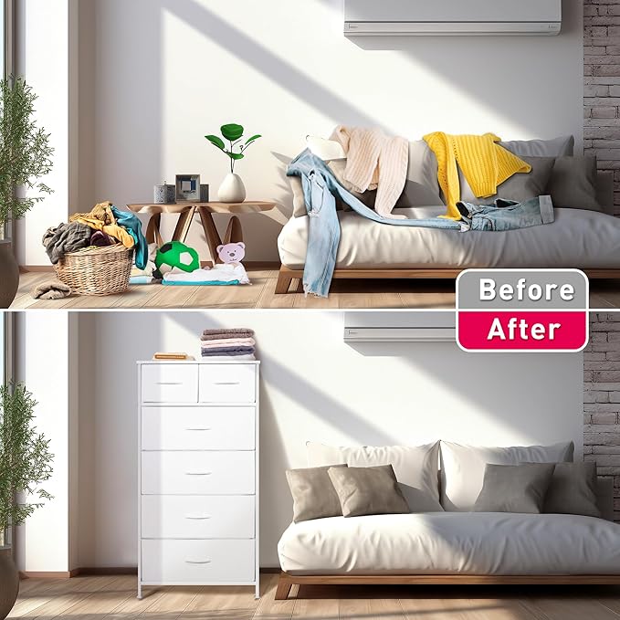 Tall Dresser for Bedroom, Vertical Storage Organizer Tower with 6 Drawers, Chest of Drawers with Fabric Bins, Steel Frame, Wood Top for Bedroom, Closet, Entryway- White