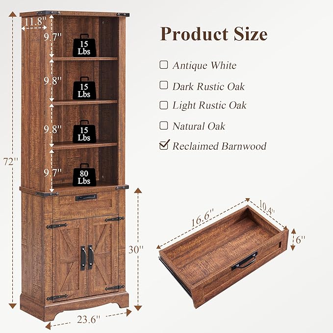 RedLemon Bookshelf with Storage Cabinet, 72" Tall Farmhouse Bookcase with Adjustable Shelves and Barn Door, 4 Tier Office Wood Bookshelf with Drawer for Library Living Room (Reclaimed Barnwood Color)