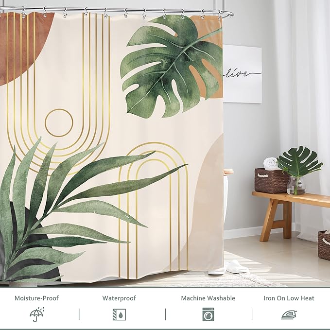 Glawry Extra Long Green Leaf Shower Curtain 72Wx96L Inches Boho Mid Century Abstract Plant Botanical Bathroom Tropical Bohemian Palm Leaves Minimalist Bath Accessories Home Decor Fabric 12 Pack Hooks