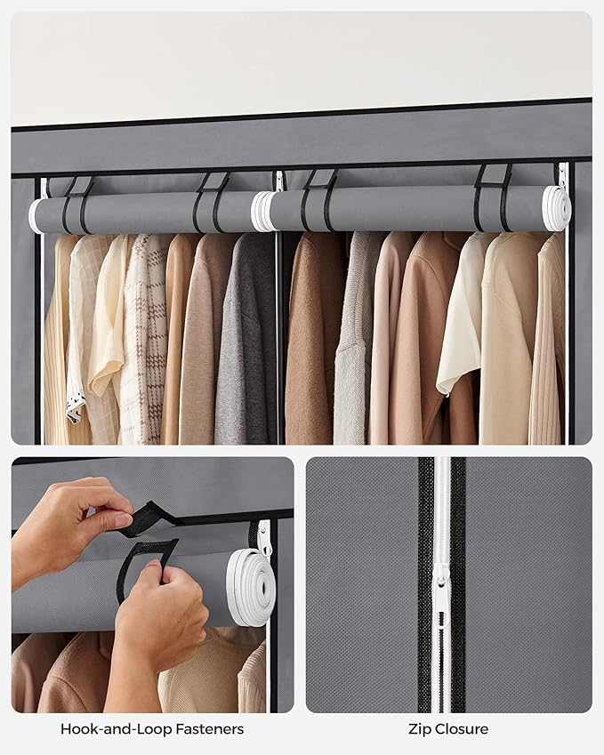 SONGMICS Portable Closet Wardrobe with Shoe Rack and Cover, Closet Storage Organizer, 2 Hanging Rods, Shelves, and 4 Side Pockets, 50 x 17.7 x 69.3 Inches, Spacious for Bedroom, Gray URYG008G02