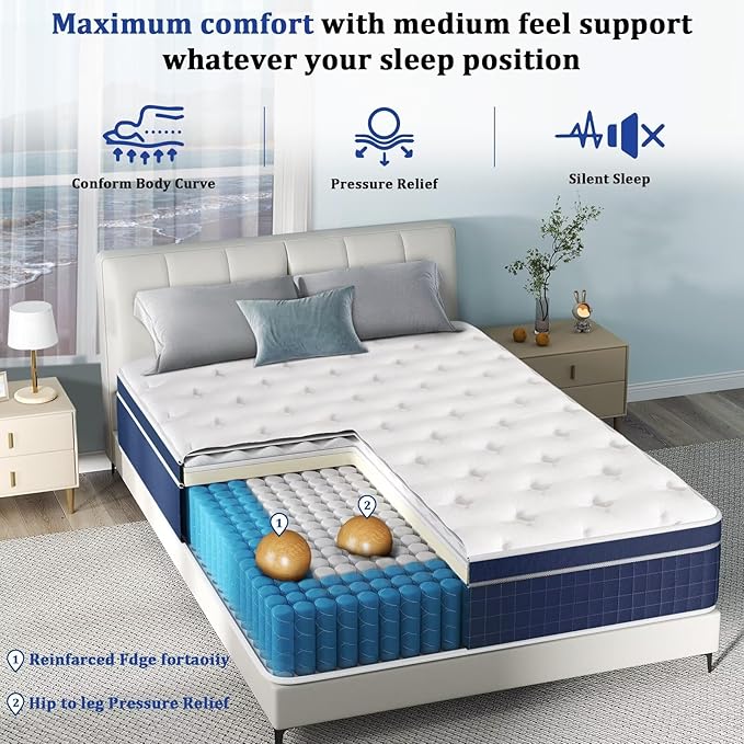 inight 10 Inch Twin Mattress, Twin Size Mattress Hybrid in a Box for Pressure Relief, Gel Memory Foam Medium Firm Mattress with Wrapped Pocket Springs for Pain Relief Comfort Sleep, 180 Night Trial